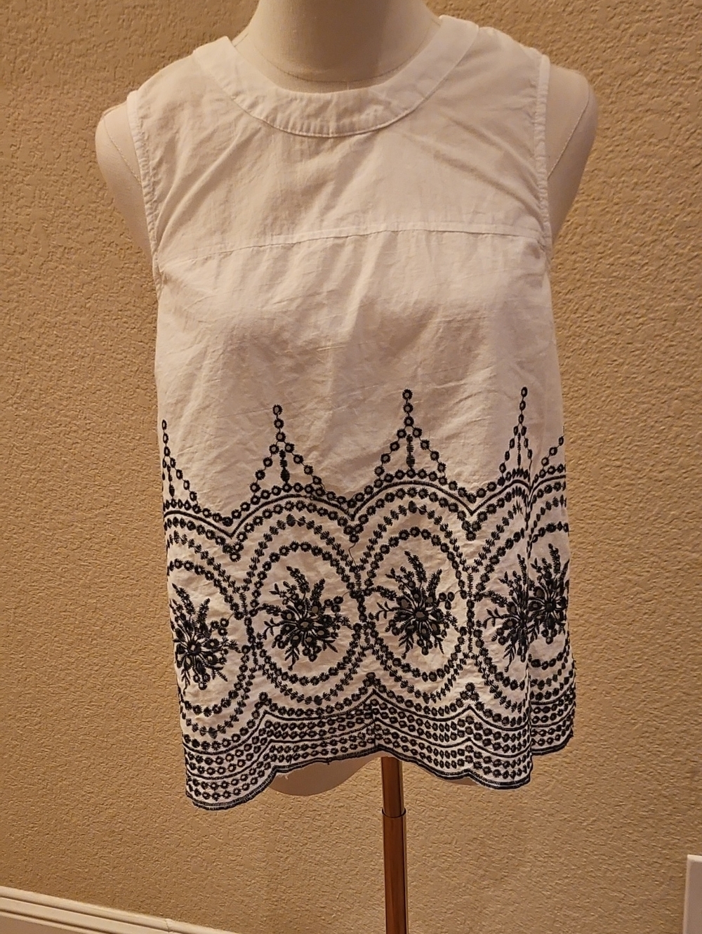 Freeway White Tank Top with Black Embroidery Hem